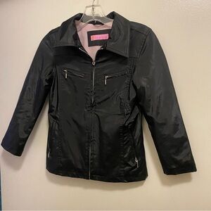 Gasoline Girls Black Bomber Jacket Size M Medium 10 12 Pink Fleece Lining READ